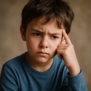 jeune garcon 8 ans réfléchit intensément, un doigt sur la tempe