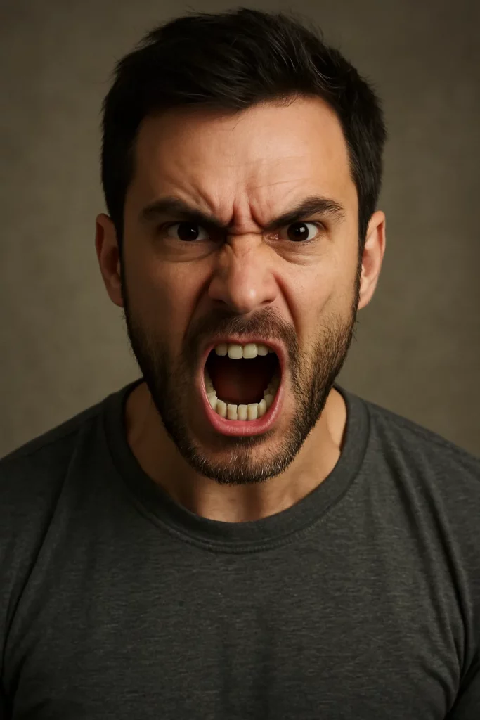 homme en colère, sourcils froncés bouche ouverte