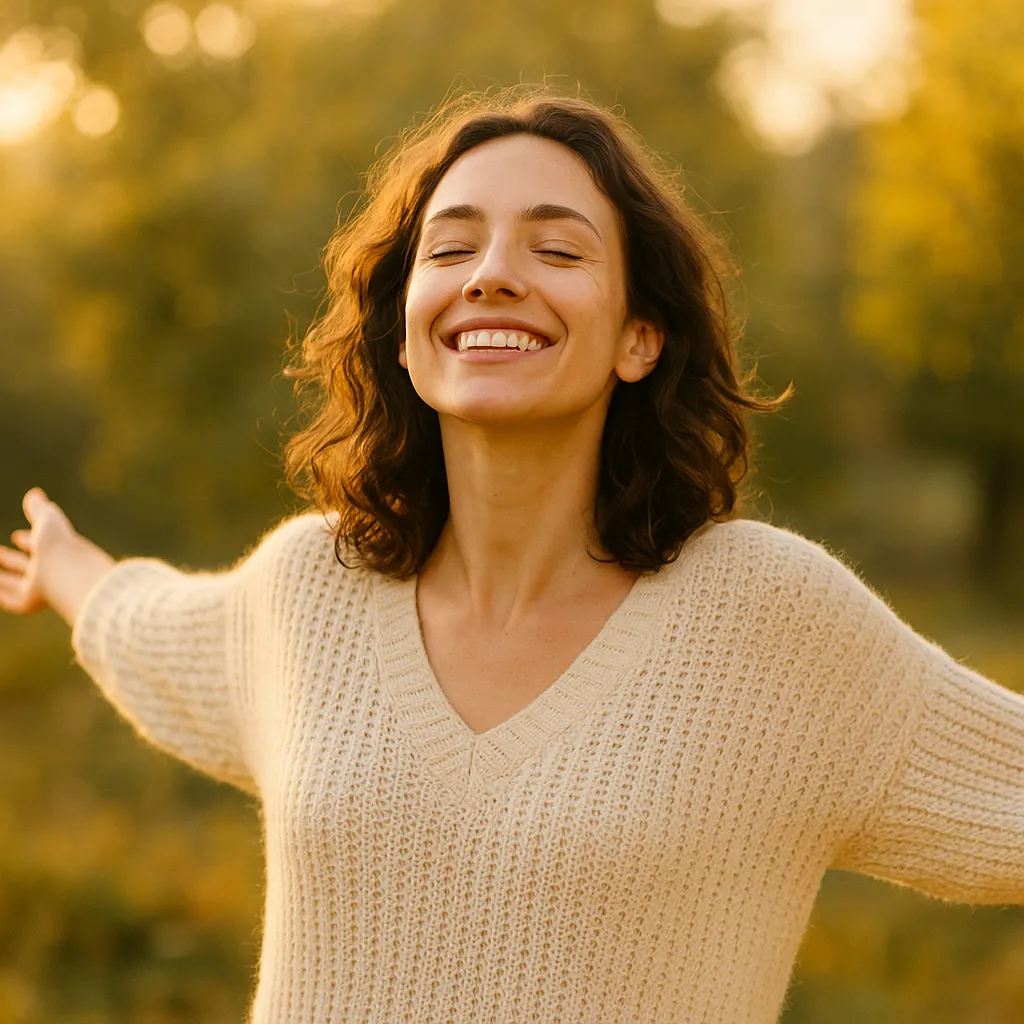 femme souriante les bras ouverts sur les cotés avec des arbres derrière