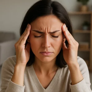 femme brune qui a mal à la tête, doigts sur les tempes