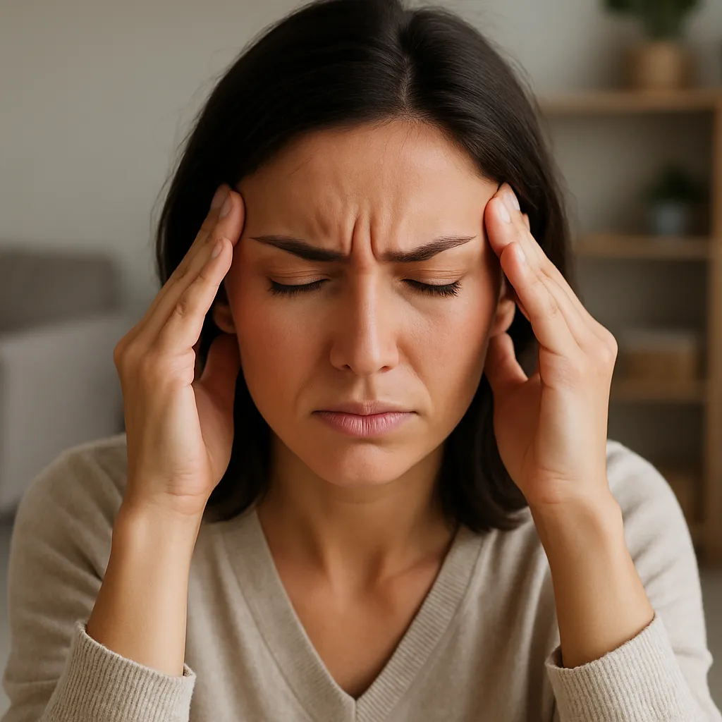 femme brune qui a mal à la tête, doigts sur les tempes