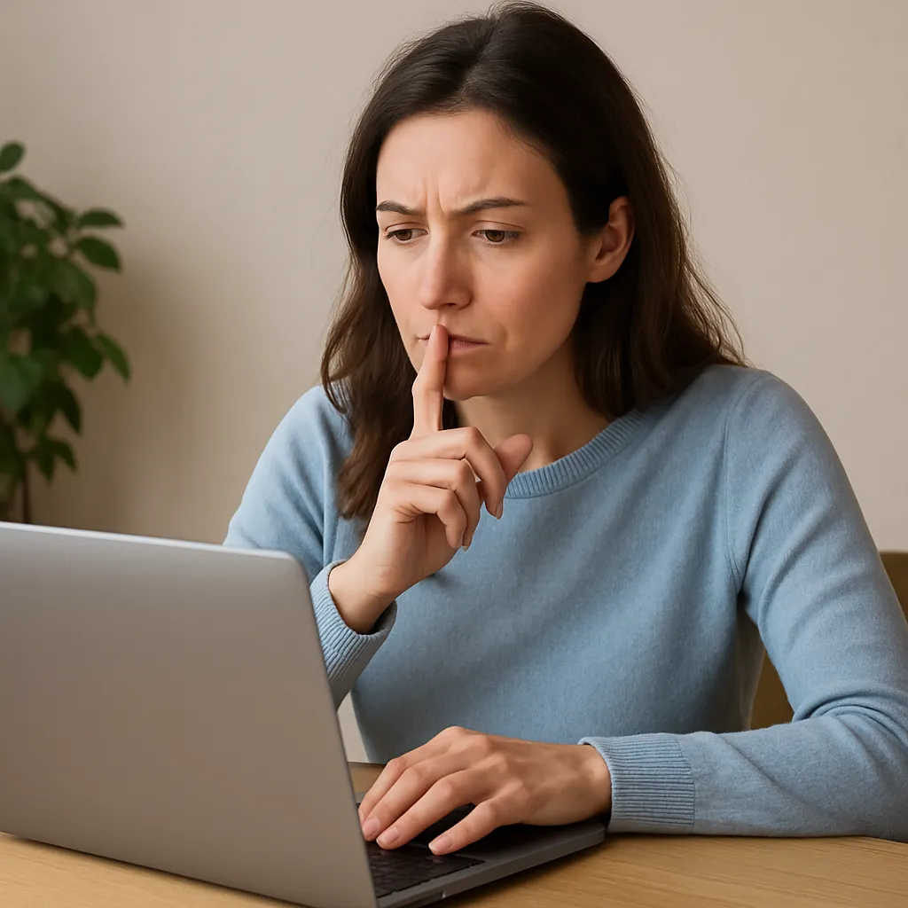 femme brune cheveux longs pull bleu réfléchit devant son pc doigt devant la bouche