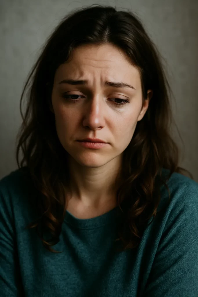 femme regarde en bas visage triste