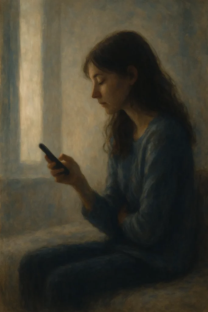 Silhouette féminine seule regardant son téléphone, illustrant le ghosting et les relations sentimentales – hypnose Chambéry