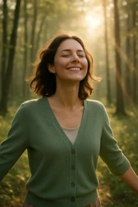 Femme souriante en pleine nature, symbole de liberté et de confiance retrouvée grâce à l’hypnose à Chambéry pour se sentir à la hauteur