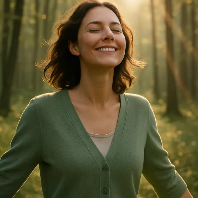 Femme souriante en pleine nature, symbole de liberté et de confiance retrouvée grâce à l’hypnose à Chambéry pour se sentir à la hauteur