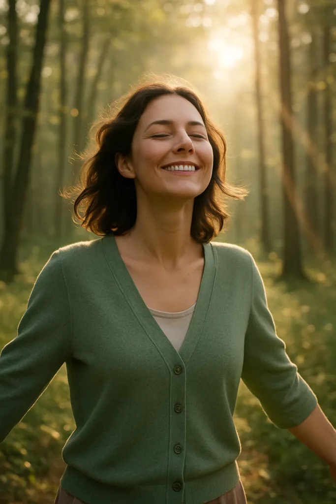 Femme souriante en pleine nature, symbole de liberté et de confiance retrouvée grâce à l’hypnose à Chambéry pour se sentir à la hauteur