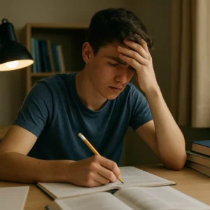 jeune homme concentré - main sur le front - réfléchit - hypnose bac chambéry garçon stressé