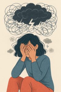 hypnose phobie d’impulsion Grenoble – représentation des pensées intrusives - femme avec un nuage noir au dessus de la tête avec un éclair