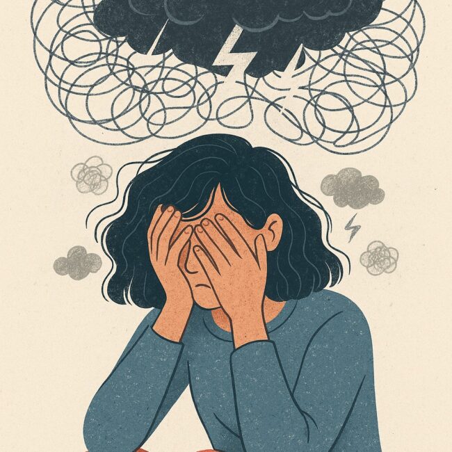hypnose phobie d’impulsion Grenoble – représentation des pensées intrusives - femme avec un nuage noir au dessus de la tête avec un éclair