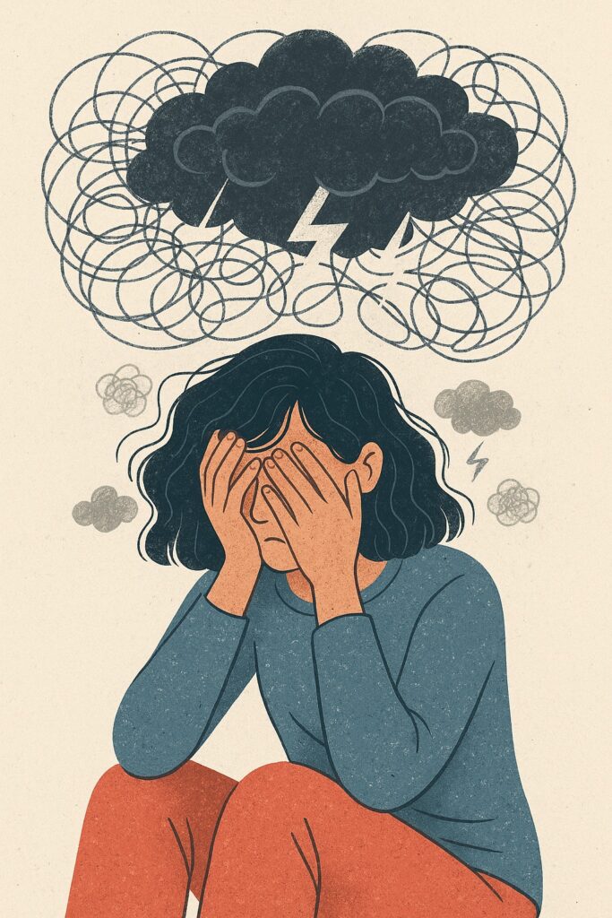 hypnose phobie d’impulsion Grenoble – représentation des pensées intrusives - femme avec un nuage noir au dessus de la tête avec un éclair
