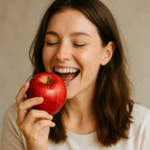 hypnose pour perdre du poids en Isère, femmme brune qui croque dans une pomme rouge