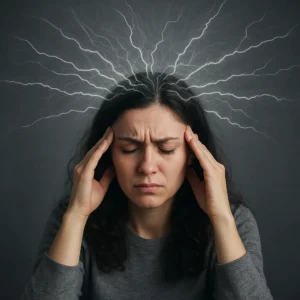 Femme jeune en pleine rumination mentale, regard préoccupé, des éclairs symbolisant des pensées envahissantes jaillissent de sa tête