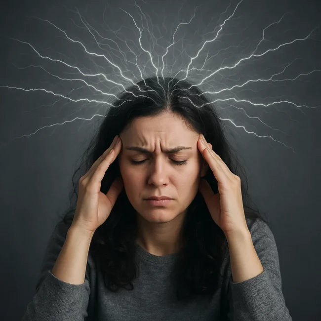 Femme jeune en pleine rumination mentale, regard préoccupé, des éclairs symbolisant des pensées envahissantes jaillissent de sa tête
