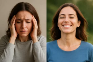 femme à gauche stressée mains sur les tempes et à droite heureuse . hypnose anxiété chambéry