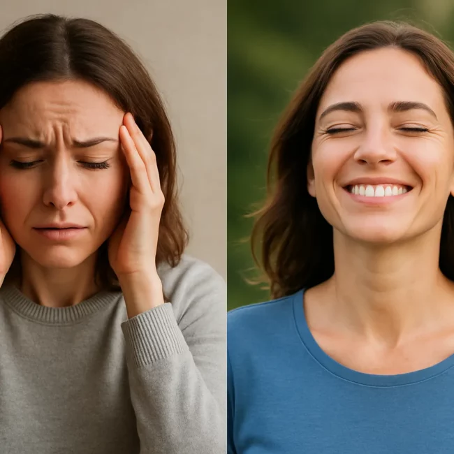 femme à gauche stressée mains sur les tempes et à droite heureuse . hypnose anxiété chambéry