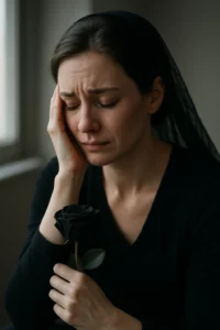 Femme en deuil tenant une rose noire, en recherche d’apaisement émotionnel à travers l’hypnose à Chambéry.