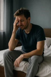 homme fatigué assis sur son lit hypnose chambéry troubles du sommeil