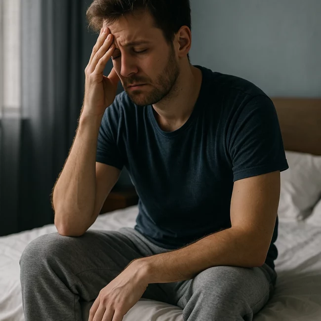 homme fatigué assis sur son lit hypnose chambéry troubles du sommeil