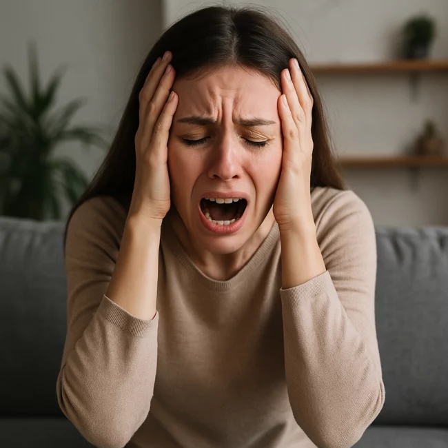femme mains sur les tempes crise d'angoisse hypnose grenoble