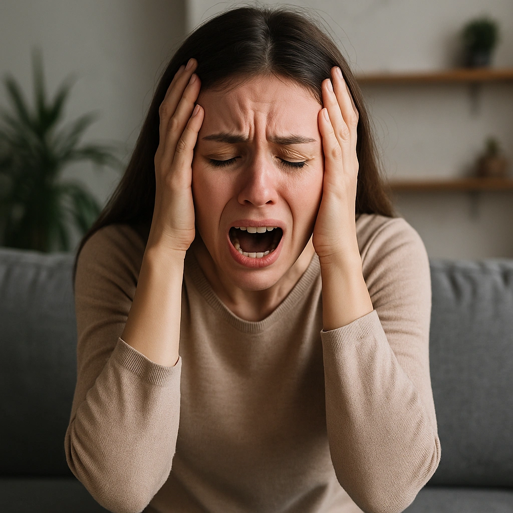 femme mains sur les tempes crise d'angoisse hypnose grenoble