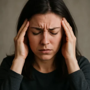 femme stressée se tient les tempes hypnose grenoble stress