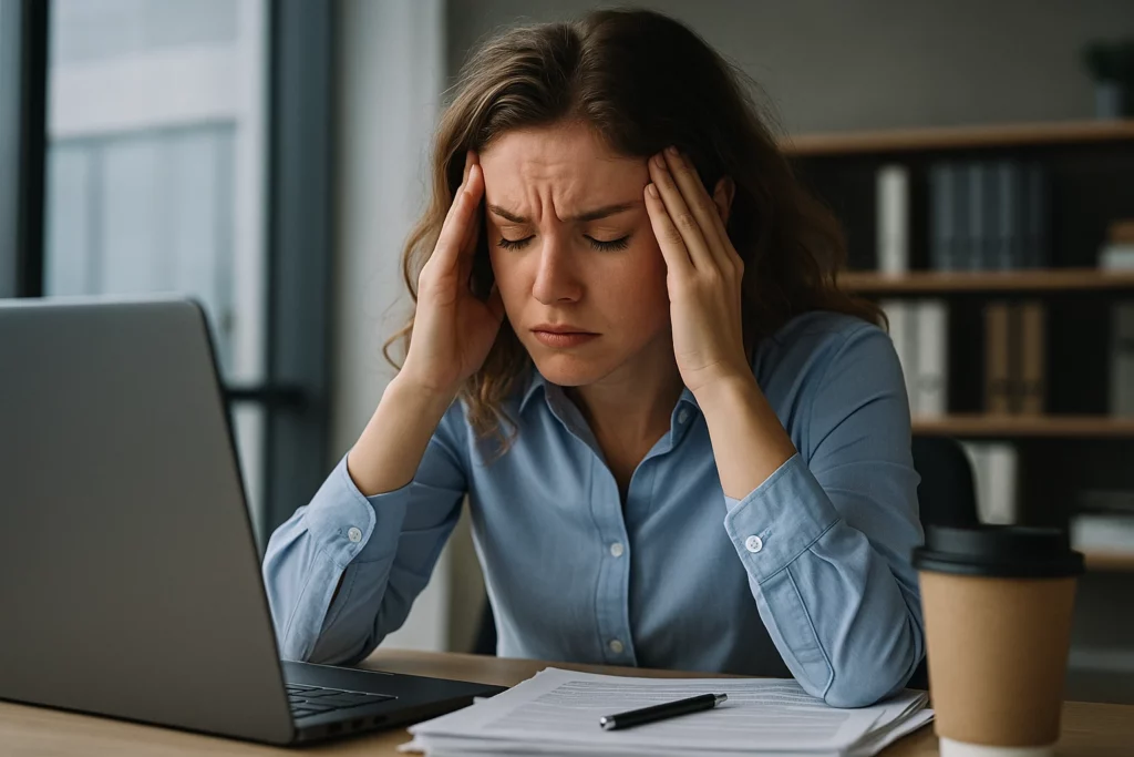 femme stressée au travail mains sur les tempes hypnose grenoble