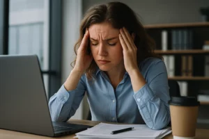 femme stressée au travail mains sur les tempes hypnose grenoble