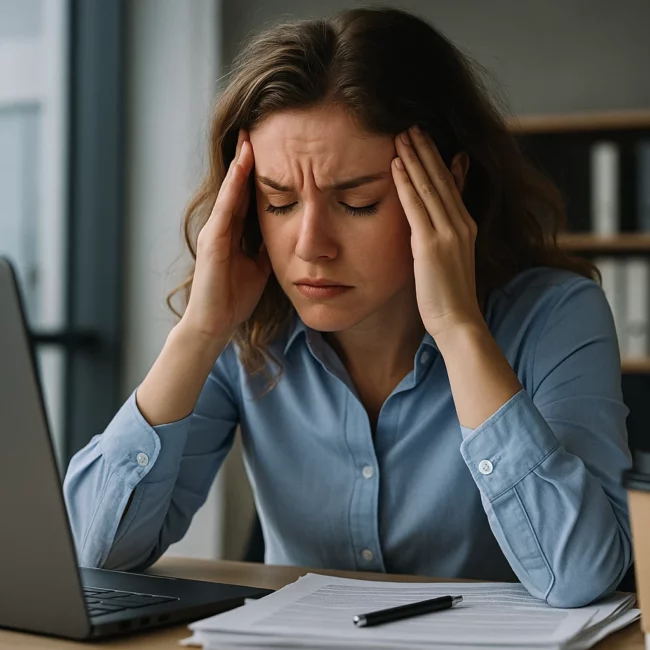 femme stressée au travail mains sur les tempes hypnose grenoble