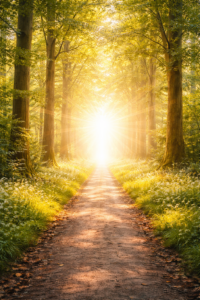 chemin éclairé avec belle lumière au fond - parcours apaisement - neurofeedback