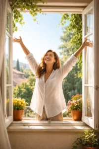 femme au bord d'une fenetre les bras en l'air heureuse hypnose chambéry peur de l'abandon
