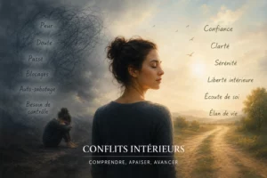 femme chignon de profil, un coté sombre et un coté lumineux - conflits intérieurs - hypnose