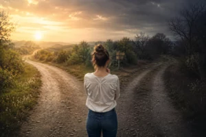 femme de dos face à 2 chemins - soleil au fond - auto sabotage - hypnose chambéry