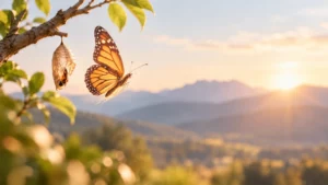 papillon qui vole avec une montagne et le ciel derrière
